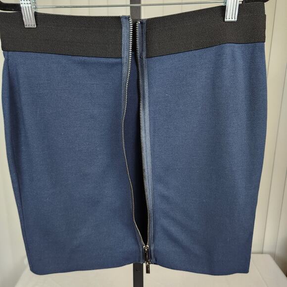 BCBGMAXAZRIA Mini Pencil Skirt Elastic Waist Full Zip Blue Black Medium New - Picture 7 of 9